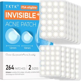 TKTK Pimple Patches for Face, FSA Eligible Ultra-Thin Invisible Acne Patches, 0.01cm Hydrocolloid Patches for Breakouts, Absorb Zits & Blemish, Suitable Under Makeup, 2 Sizes(10mm/12mm) 264 count
