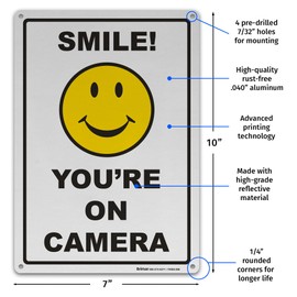 Brimar - 7" x 10" - Smile You're On Camera Sign - .040″ Engineering Grade Reflective Aluminum - High Visibility - Easy Installation