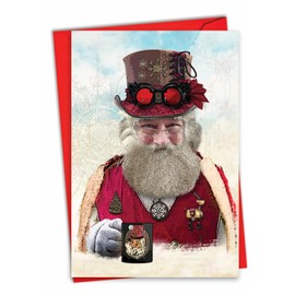 The Best Card Company - Merry Christmas Card with Envelope - Season's Greetings Notecard, Holiday Stationery - Steampunk Holidays C2919AXSG