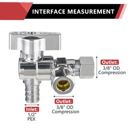 (Pack of 2) EFIELD Dual Outlet Angle Stop Valve, Quarter Turn, 1/2" Pex Barb Crimp Connection Inlet x (3/8 inch x 3/8 inch) Compression Outlet, Chrome Plated Brass