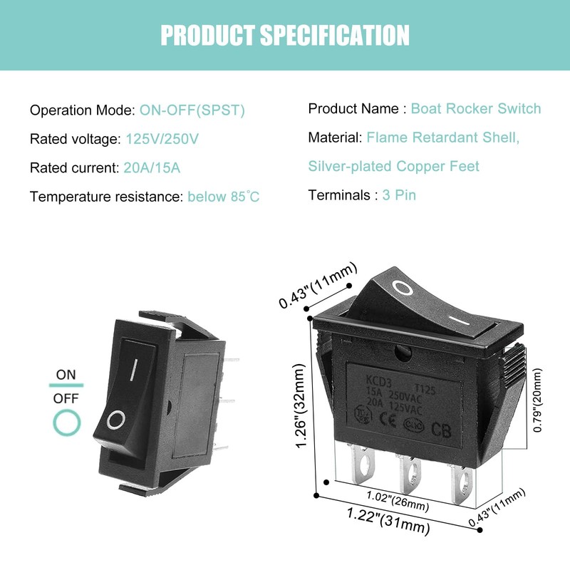 RuoFeng 15A 250V/20A 125V 3 Pin AC Rocker Switch KCD3