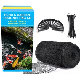 BUZIFU Pond Netting, 15 x 20FT Heavy Duty Pond Net for Koi Ponds, Garden Pool Fine Mesh Netting Kit for Leaves, Protects Koi Fish from Birds Cats Predators, with 14 Stakes and 30 Cable Zip Ties