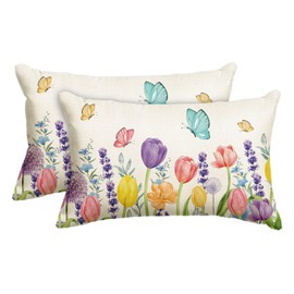 AVOIN colorlife Spring Flowers Tulip Lavender Eucalyptus Butterfly Throw Pillow Cover, 12 x 20 Inch Spring Cushion Case for Sofa Couch Set of 2