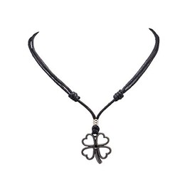 BlueRica - Collar de trébol de cuatro hojas con cordón negro ajustable (acabado plateado antiguo), Fibra natural