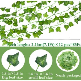 YAHUAA 12 Pack 85 Feet Fake Ivy Leaves Artificial Ivy Garland Greenery Garlands Hanging Plant Vine for Wedding Party Room Astethic Stuff Decor, Artificial Ivy Garland