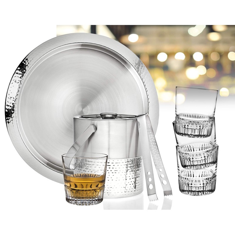 Godinger Bar Set Stainless Steel Hammered and Glass with Ice