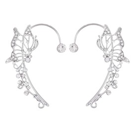 2 Pcs Butterfly Ear Cuff Earrings for Women Non Piercing Rhinestone Goth Fairy Elf Ear Cuff Butterfly Ear Wrap Earrings for Bridal Wedding Prom For Teen(Silver)