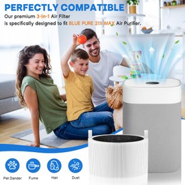 211i Max Air Filter Replacement Compatible with Blue Pure 211i Max, 3-in-1 H13 Replacement Filter, Pre-Filter Activated Carbon for Blue Air Purifier F2MAX, 2 PC, White