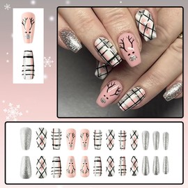 24 Pcs Christmas Press on Nails Short Coffin Square - YEFIUO Cute Pink Fake Nails Press ons Glitter French Xmas Nail Art Tip Full Cover Acrylic False Nails Glue on Nails with Elk Grid Design for Women