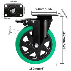 6 Inch Caster Wheels, Casters Set of 4 Heavy Duty, BZOLIHEU Locking Casters, Silent Top Plate Swivel Casters with Brake, Polyurethane Green Castor Wheels for Furniture and Workbench Cart