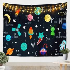 jejeloiu Kids Outer Space Tapestry Large 59"x82" ABC Alphabet Tapestries for Boys Girls Space Rocket Galaxy Planets Bedroom Decor Wall Hanging Educational Wall Blanket