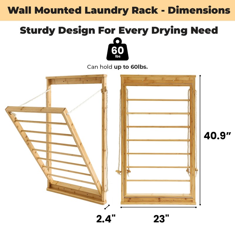 GRISSHMO Clothes Drying Rack, Foldable Bamboo Wall Mounted Laundry Rack