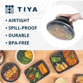 TIYA Food Bowls - Black Plastic To-Go Containers - Reusable, Microwavable, Dishwasher Safe - Leak-Resistant for Soups & Meal Prep (42 oz Bulk 120 Pack with Clear Lids) - BPA-Free