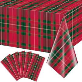 6Pcs Christmas Buffalo Checkered Plaid Party Tablecloth Decorations,Disposable Plastic Red and Green Xmas Rectangle Table Cover Backdrop for Christmas Winter Holiday Party Supplies, 54 x 108 inches