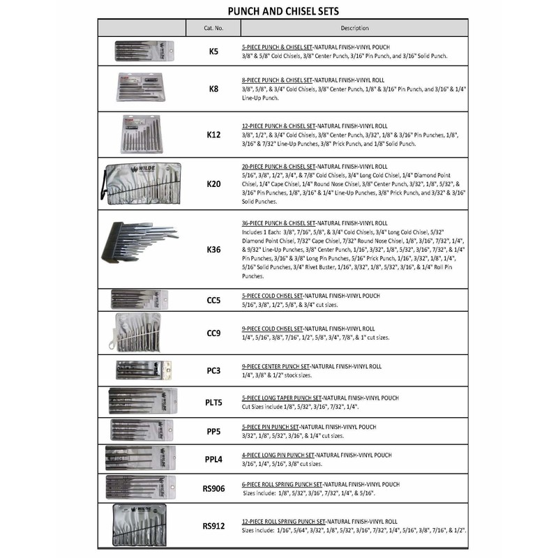 Wilde Tool K20.NP/VR 20-Piece Punch & Chisel Set-Vinyl Roll