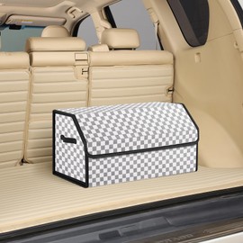 kingmise car organizers and storage for SUV,trunk organizer for sedan, leather foldable sleek box with lid,collapsible cargo bins, tool accessories containers,Chessboard pattern (White grid, Large)