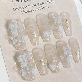 Long Coffin Press on Nails - Cloudy White | Ballerina Artificial False Nails, Glossy White Fake Nails with 3D Flowers & Butterfly & Pearls | Salon Quality Reusable Nails Kit (Size M)