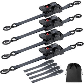 Justech 4 Pack Retractable Ratchet Straps, 1 in x 12.6 ft-1411 lbs Break Strength, Heavy Duty Auto Ratchet Tie Down Straps with Soft Loops & Storage Bag for Motorcycle, Truck, Trailer, Cargo Van, Boat