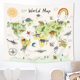 Imirell World Map Kids Dinosaur Tapestry 59Wx51H Inches Dino Animal Educational Learning Tool Boys Adventure Wild Cute Cartoon Art Hanging Bedroom Living Room Dorm Wall Blankets Home Decor Fabric