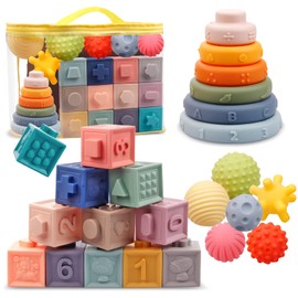 Montessori Toys for Babies,Soft Stacking Building Blocks Rings Balls Sets,3 in 1 Baby Toys Bundle,Sensory Toys for 6-12 Months, Soft Teething Toys for Babies,Baby Toys Gifts for Boy Girl