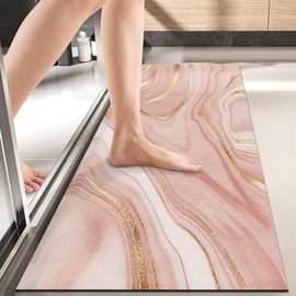 Arttown Absorbent Quick Dry Bath Mat for Bathroom, Marble Texture Pink and Gold Washable Bathroom Rugs, Non Slip Rubber Backing Mat Bathroom Decorations 17x43 Inches for Kitchen Bedroom Indoor