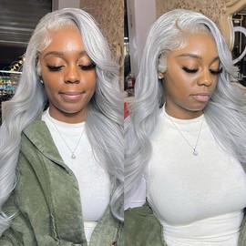 13X6 Silver Grey Lace Front Wigs Human Hair Body Wave HD Transparent Grey Lace Frontal Wig Human Hair Wear and Go Gray Glueless Wig Human Hair Pre plucked 28 Inch Colored Wigs for Black Women