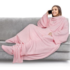 PAVILIA Fleece Blanket with Sleeves, Foot Pockets for Women Men Adults, Plush Wearable Blanket Throw Wrap, Warm Snuggle Blanket Robe, Cozy Gift Ideas Wife Mom, Light Pink