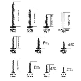 400 Pcs M3 M4 M5 Black Self Tapping Screws, Phillips Round Head Self Tapping Wood Screws Assortment, Pan Head Screws, Mushroom Flanged Head Self Drilling Screws for Metal, Truss Head Screws, Black