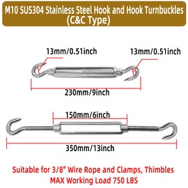 2PCS M10 SUS304 Stainless Steel Hook and Hook Turnbuckles, 3/8"CC Turnbuckles, 3/8" Heavy Duty Turnbuckles for Shade Sails, Wire Rope Tension,Sunshade,Fencing,Clothesline.