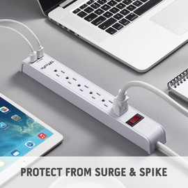 TiFFCOFiO Power Strip Surge Protector, 6 Outlets with 2 USB Ports, 15 Feet Extension Cord, 600 Joules, Wall Mountable for Home, Office and Dorm, 15A/1875W, ETL Listed