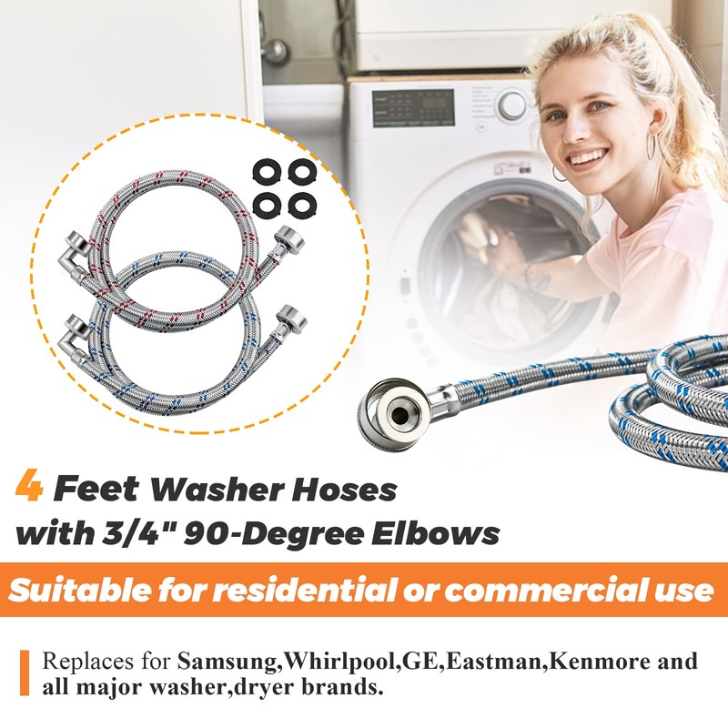 【UPGRADED】4FT Stainless Steel Washer Hoses with 90 Degree Elbows by