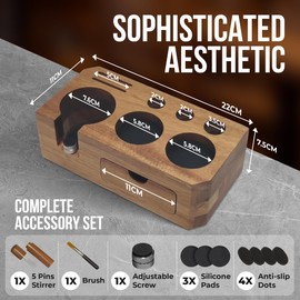Acacia Wood Tamping Station with Drawer, Stirrer, Brush, Adjustable Screw, Silicone Pads, Anti-Slip Pads | Espresso Knock Box | Espresso Machine Accessories Kit | Luxury Material and Design