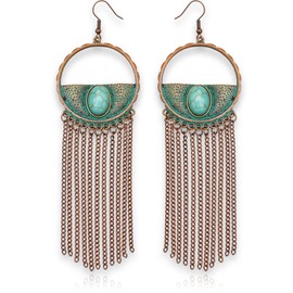 Soul Statement Vintage Country Western Jewelry for Women: Dangle Boho Turquoise & Bronze Patina Earrings with Long Copper Tassel Chains | Dangle Earring Set, Cowgirl Style Geometric Concert Festival