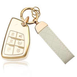 Aoocar 6 Button TPU Key Fob Cover with Leather Keychain, Compatible with 2021 2022 2023 2024 2025 GMC Yukon Denali Sierra, Fit for Chevy Silverado Suburban Tahoe Buick, White