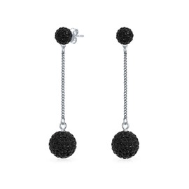 Black Crystal Pave Round Double Disco Ball Drop Sparkle Linear Dangle Stud Earrings For Women 925 Sterling Silver