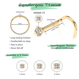 FUNLMO G23 Titanium Nose Rings Nose Piercings Nose Studs Nose Hoops Nose Jewelry Corkscrew Diamond CZ Nose Screw 20G Gold 4pcs