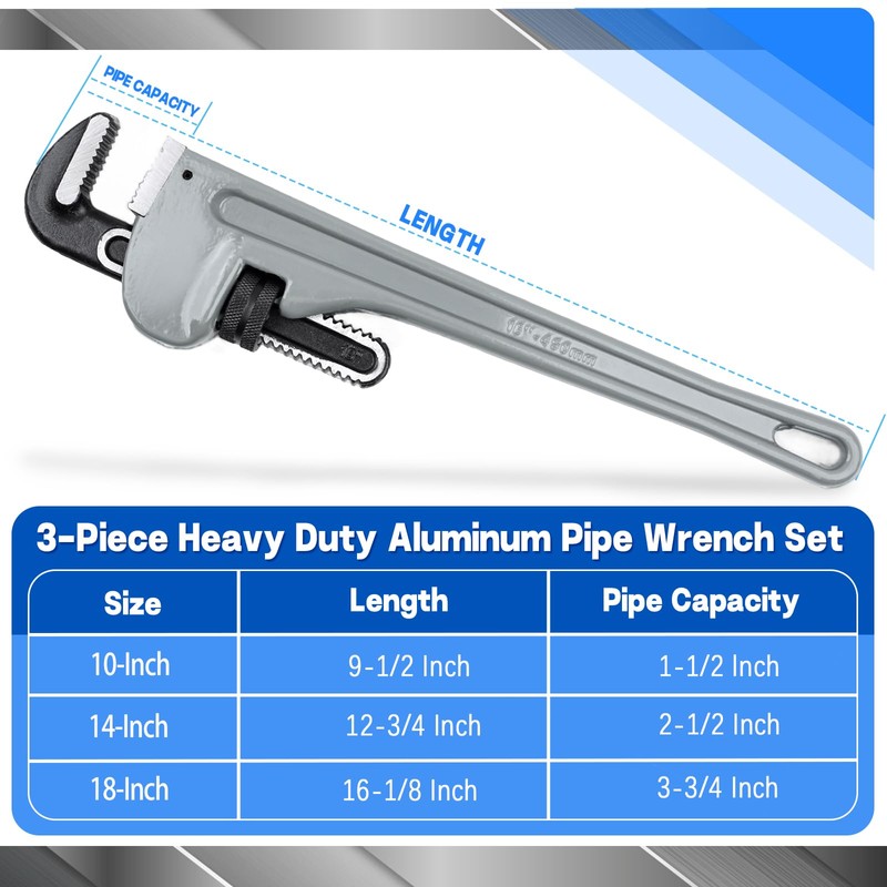 GleamRad 3-Piece Aluminum Pipe Wrench Set,10", 14", 18", Heavy Duty