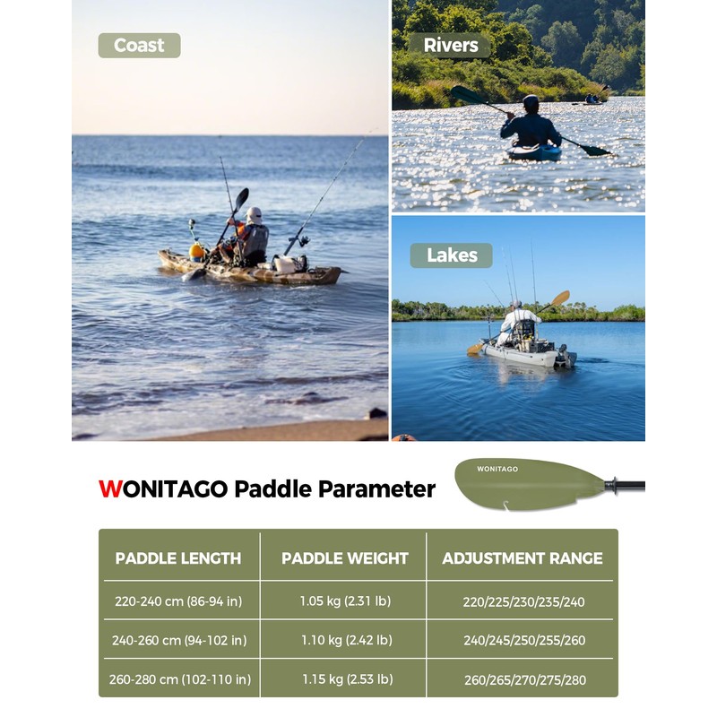 WONITAGO Angler Kayak Paddle with Fiberglass Shaft and Plastic Blade,
