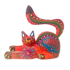 ALKIMIA INC Mexican Alebrije Cat Wood Carving Handcrafted Sculpture (Orange)