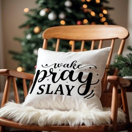 Luckluccy Wake Pray Slay Pillow Cover Christian Scripture Cushion Cover 20x20in Decorative Pillow Home Cotton Linen Throw Pillow Case for Bedroom Living Room Couch Bed Housewarming Gift