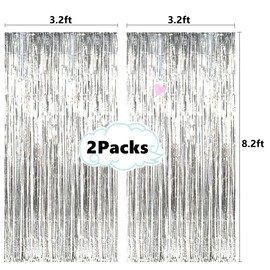 2 Pcs 3.2ft x 8.2ft Shiny Silver Metallic Tinsel Foil Fringe Curtains Photo Booth Backdrop for Birthday Wedding Bridal Shower Holiday Celebration Bachelorette Party Decorations