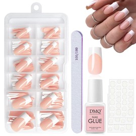 DMQ French False Nails Long, 120Pcs Coffin Press on Nails Set - Fake Nails Nude Color French False Nail Kit - Full Cover Stick on Nails Ballerina with Glue for Women Girls Nail Art Manicure