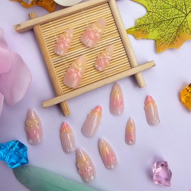 24 Pcs Handmade Press on Nails Short Almond Nail Tips,YEFIUO French Acrylic Fake Nails Press ons 3D Flowers Texture Nail Charms Design Glue on Nails Full Cover Reusable False Nails Art Kit for Ma'am