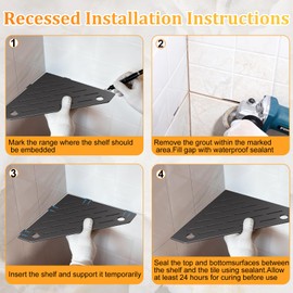 mivndeeopu 10" Corner Shower Shelves with Razor Holder, Rustproof Stainless Steel Shower Corner Shelf, Grout in Bathroom Shower Shelf Corner for 90°Tile Wall 2-Pcs(Black)