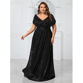 Giffniseti Women's Plus Size V Neck Sequin Formal Maxi Dress A-Line Prom Evening Party Gowns Black
