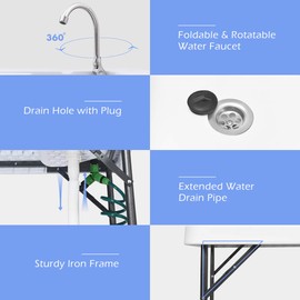GYMAX Fish Cleaning Table with Sink, Folding Fish Cleaning Station with Faucet, Spray Cleaner & Drain Hose, Outdoor Camping Wash Table with Sink