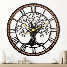 Axioglo Wall Clock,24" Large Wall Clock for Living Room Decor,Tree of Life and Wooden Frame Design,Non-Ticking Battery Operated,for Dining Room,Bedroom,Kitchen,Office Arabic Decoration