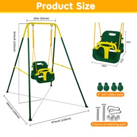 3-in-1 Toddler Swing Set, Foldable Baby Swing with Stand, Indoor & Outdoor Kids Swings Sets, Multifunctional Swings for Home Backyard, Easy to Install and Store (Dark Green)