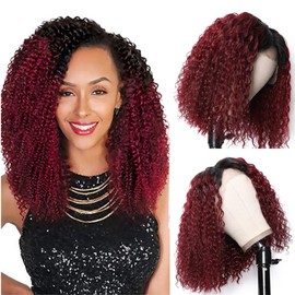 Lace Closure Wigs for Black Women 1B/99J Short Bob Wigs 150% Density Pre Plucked Natural Hairline Deep Curly Wigs 2 Tone Burgundy Afro Curly Human Hair Wig (22inch)
