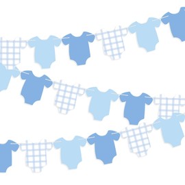 Weysat 2 Pcs Baby Clothes Banner Gender Reveal Decorations Girls Boys Baby Shower Banner Decorations Gingham Short Sleeve Bodysuits Clothesline Garland Birthday Party Outfit Paper Decor(Blue)